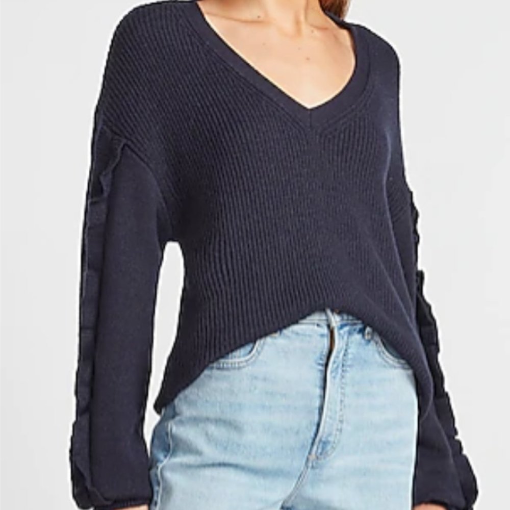 COPY - COPY - EXPRESS Women's Ribbed Ruffle Sleeve V-Neck Sweater